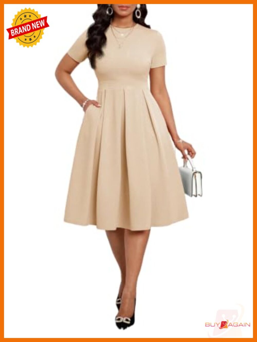 A-Line Midi Church Dress Short Sleeve Scoop Neck High Waist Pockets